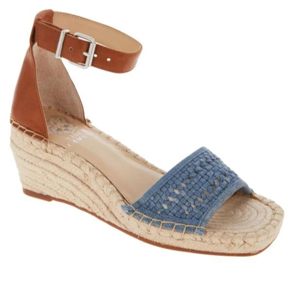 NIB Vince Camuto Jellisa Espadrille Wedge Sandal Light Blue/Barn Brown Size 10